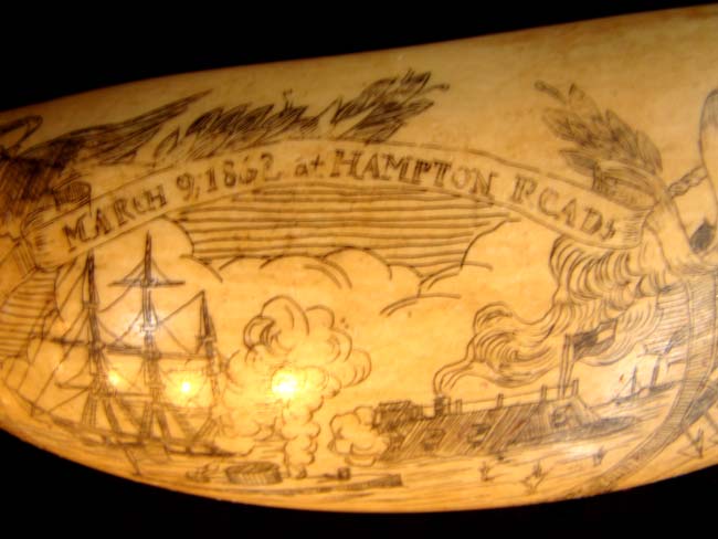 A fine late 19th or early 20th century scrimshawed whale's tooth with Civil War naval battle — image 7